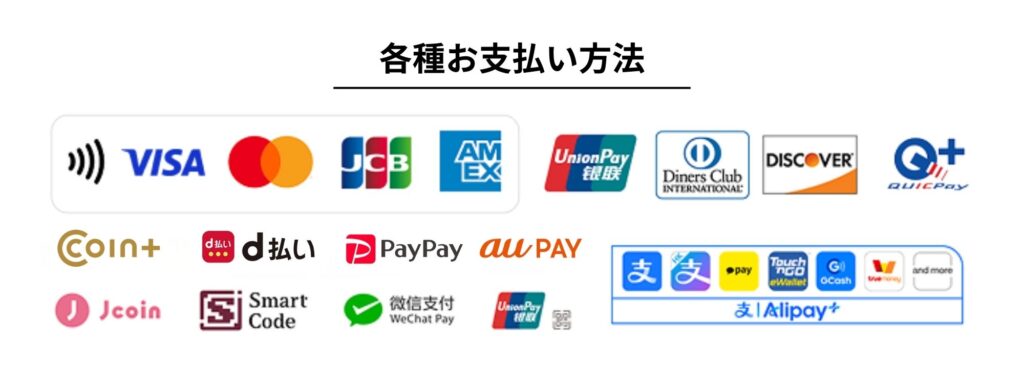 Visa、Mastercard、UnionPay、JCB、American Express、Diners Club、Discover、QUICPay、Alipay+、WeChat Pay、UnionPay QR、COIN+、d払い、PayPay、au PAY、J-Coin Pay、Smart Codeの決済ブランド一覧