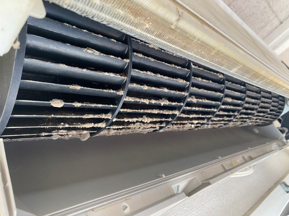 神戸市須磨区板宿町　通常タイプのエアコンクリーニング｜送風ファン汚れ　ビフォー