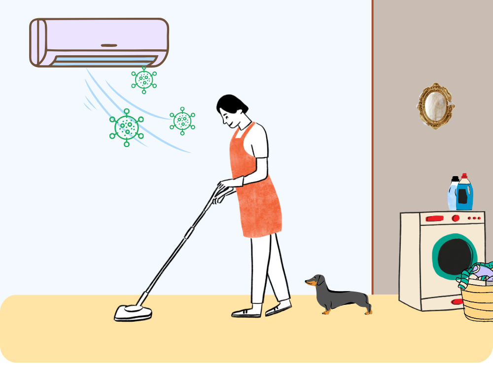 エアコン内部のカビが空気中に広がる部屋の図