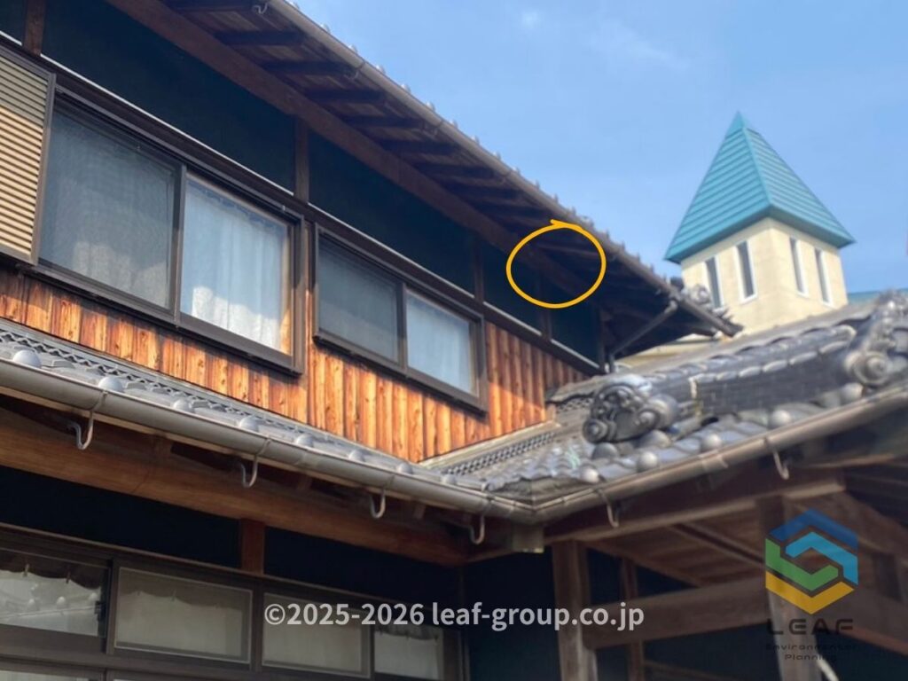 西脇市高松町の屋根裏へ出入りするキイロスズメバチの侵入口