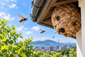 住宅の軒下に作られたスズメバチの巣