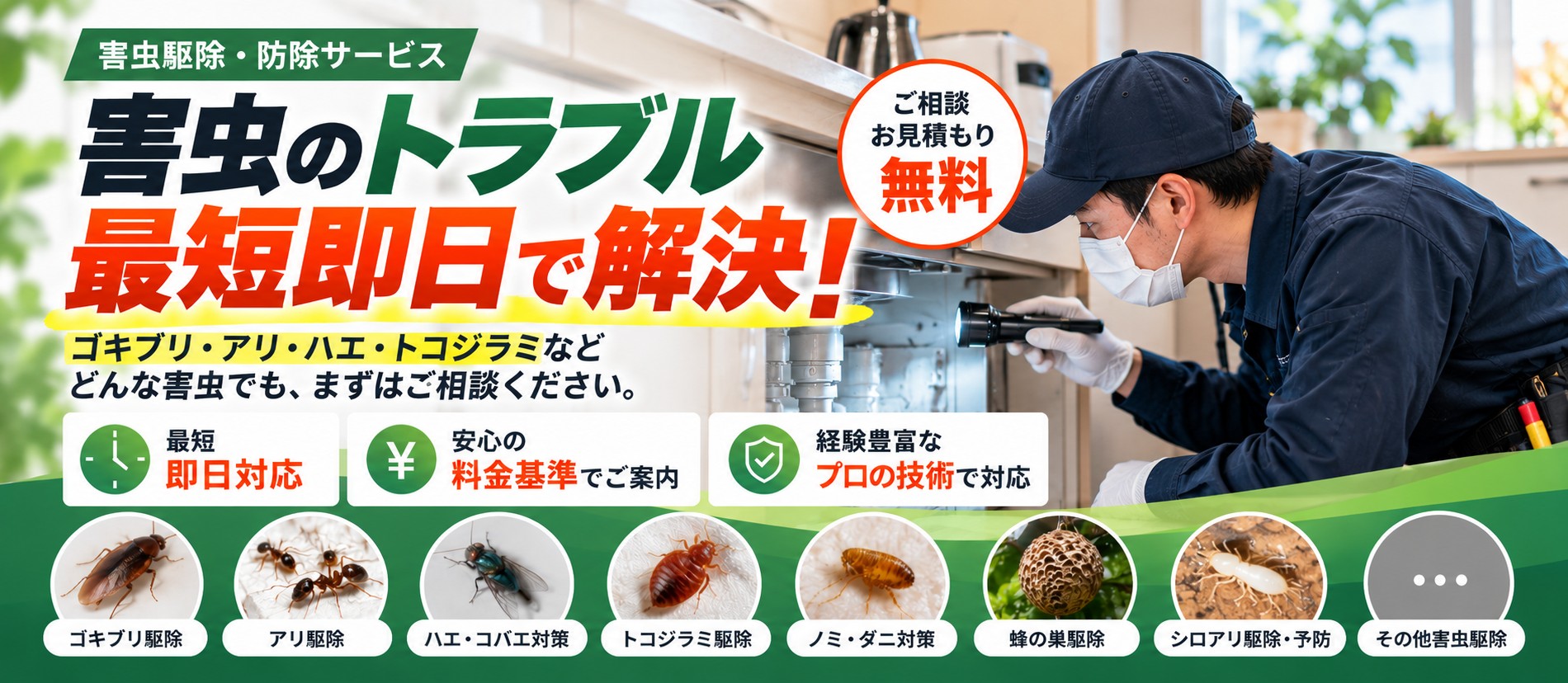 害虫ワークスの害虫駆除・防除サービス。最短即日対応、明確な料金基準、プロの技術による施工をご案内
