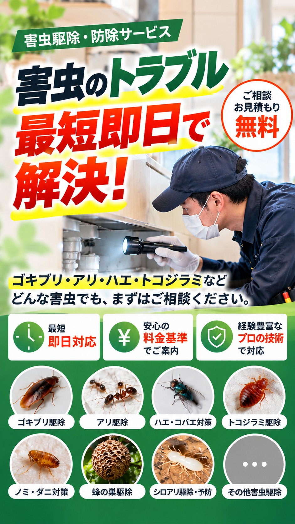 害虫ワークスの害虫駆除・防除サービス。ゴキブリやアリ、トコジラミなどの害虫に最短即日対応