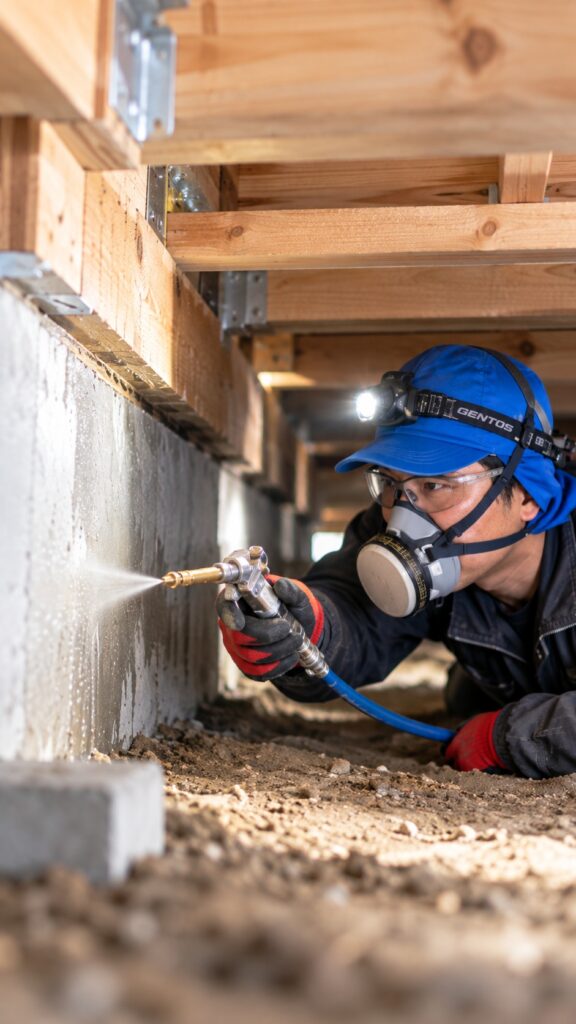 住宅の床下でシロアリ防除施工を行う作業スタッフ