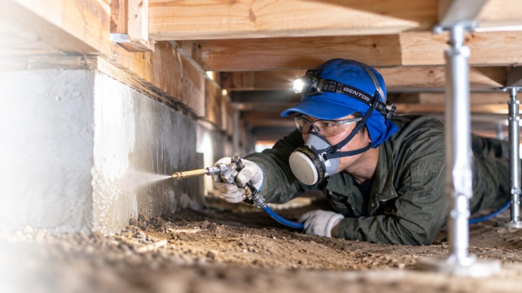 住宅の床下でシロアリ防除施工を行う作業スタッフ