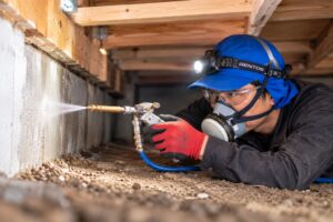 住宅の床下でシロアリ駆除の薬剤処理を行う作業スタッフ
