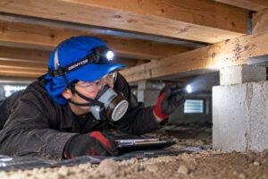 住宅の床下でシロアリ防除後の定期点検を行う作業スタッフ
