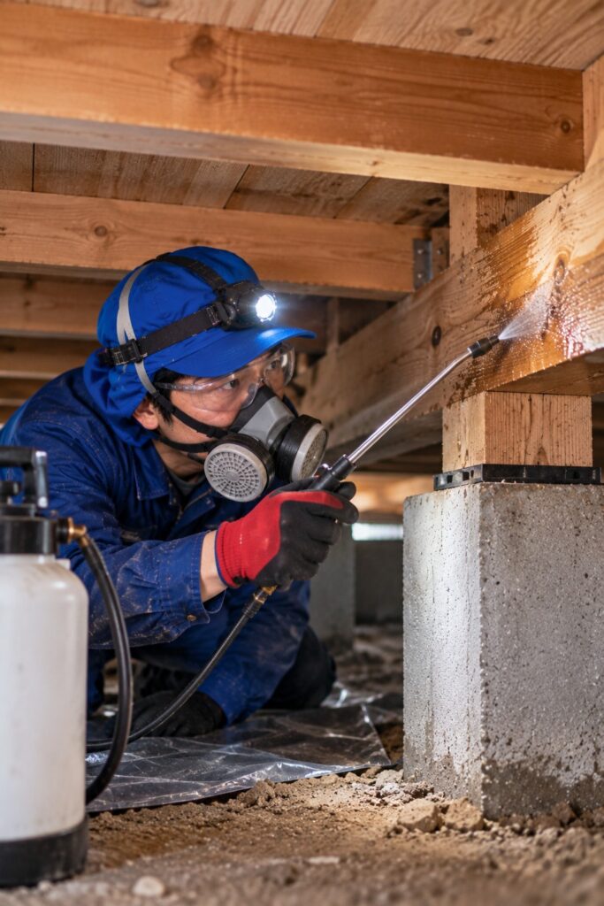 住宅の床下で木部にシロアリ防除薬剤を処理する作業スタッフ