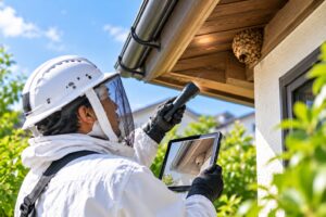 住宅の軒下にある蜂の巣を調査する作業スタッフ