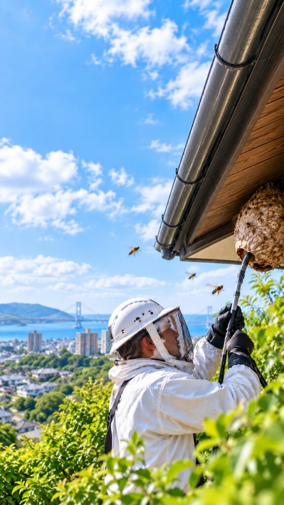 軒下の蜂の巣を駆除する防護服姿の作業スタッフ