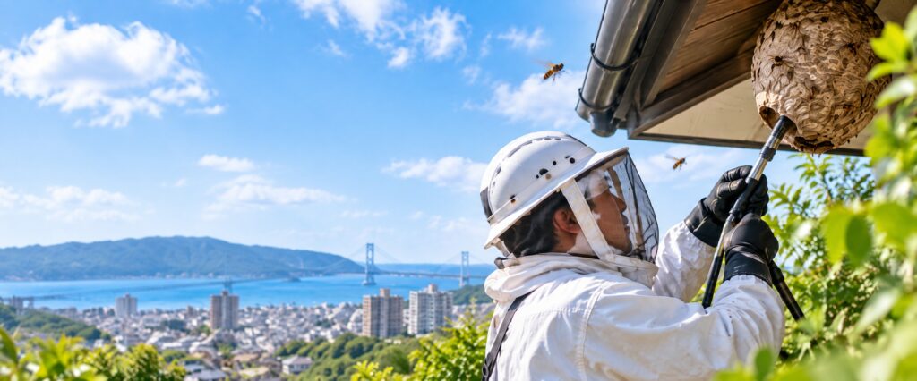 軒下の蜂の巣を駆除する防護服姿の作業スタッフ