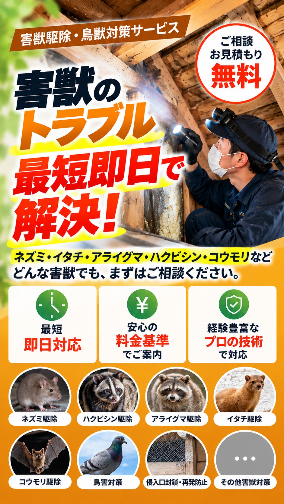 害獣駆除・鳥獣対策サービス|最短即日対応